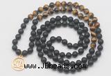 GMN6011 Knotted 8mm, 10mm matte black agate & yellow tiger eye 108 beads mala necklace with charm