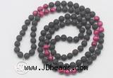 GMN6016 Knotted 8mm, 10mm black lava & red tiger eye 108 beads mala necklace with charm