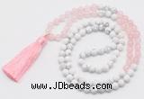 GMN6102 Knotted 8mm, 10mm rose quartz & white howlite 108 beads mala necklace with tassel