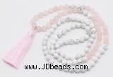 GMN6103 Knotted 8mm, 10mm rose quartz & white howlite 108 beads mala necklace with tassel