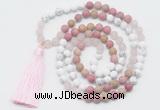 GMN6104 Knotted 8mm, 10mm white howlite, pink jasper & rose quartz 108 beads mala necklace with tassel