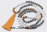 GMN6109 Knotted 8mm, 10mm matte white howlite & black labradorite 108 beads mala necklace with tassel