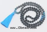 GMN6118 Knotted 8mm, 10mm matte black agate, black labradorite & apatite 108 beads mala necklace with tassel