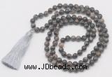 GMN6131 Knotted 8mm, 10mm grey opal 108 beads mala necklace with tassel