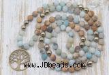 GMN6144 Knotted 8mm, 10mm matte amazonite & picture jasper 108 beads mala necklace with charm