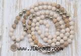 GMN6145 Knotted 8mm, 10mm white fossil jasper & picture jasper 108 beads mala necklace with charm