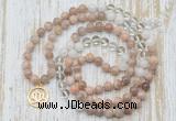 GMN6154 Knotted 8mm, 10mm sunstone, white crystal & white jade 108 beads mala necklace with charm