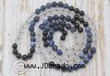 GMN6166 Knotted 8mm, 10mm matte sodalite, white crystal  & black agate 108 beads mala necklace with charm