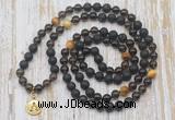 GMN6169 Knotted 8mm, 10mm black lava, smoky quartz & golden tiger eye 108 beads mala necklace with charm