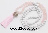 GMN6203 Knotted matte rose quartz & white howlite 108 beads mala necklace with tassel & charm