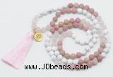 GMN6204 Knotted white howlite, pink jasper & rose quartz 108 beads mala necklace with tassel & charm