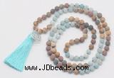 GMN6207 Knotted 8mm, 10mm matte amazonite & jasper 108 beads mala necklace with tassel & charm