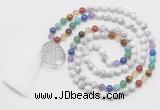 GMN6221 Knotted 7 Chakra white howlite 108 beads mala necklace with tassel & charm