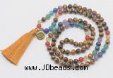 GMN6223 Knotted 7 Chakra yellow tiger eye 108 beads mala necklace with tassel & charm