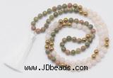 GMN6249 Knotted 8mm, 10mm unakite, white jade & hematite 108 beads mala necklace with tassel