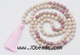 GMN6250 Knotted 8mm, 10mm white fossil jasper & pink wooden jasper 108 beads mala necklace with tassel