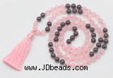 GMN6252 Knotted 8mm, 10mm rose quartz & garnet 108 beads mala necklace with tassel