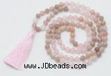 GMN6255 Knotted 8mm, 10mm sunstone, rose quartz & white jade 108 beads mala necklace with tassel