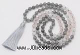 GMN6256 Knotted 8mm, 10mm labradorite, rose quartz & white moonstone 108 beads mala necklace with tassel