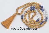 GMN6257 Knotted 8mm, 10mm golden tiger eye, lapis lazuli & matte white howlite 108 beads mala necklace with tassel