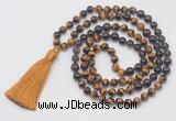 GMN6258 Knotted 8mm, 10mm yellow tiger eye, garnet & smoky quartz 108 beads mala necklace with tassel