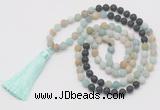 GMN6263 Knotted 8mm, 10mm matte amazonite & black lava 108 beads mala necklace with tassel