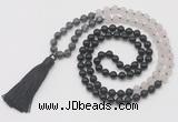 GMN6267 Knotted 8mm, 10mm black labradorite, matte rose quartz  & black agate 108 beads mala necklace with tassel