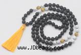 GMN6268 Knotted 8mm, 10mm black lava, matte white howlite & golden tiger eye 108 beads mala necklace with tassel