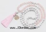 GMN6303 Knotted matte rose quartz & white howlite 108 beads mala necklace with tassel & charm