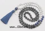 GMN6310 Knotted black labradorite & matte white howlite 108 beads mala necklace with tassel & charm