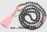 GMN6317 Knotted matte black agate, black labradorite & rose quartz 108 beads mala necklace with tassel & charm