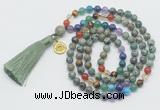 GMN6326 Knotted 7 Chakra African turquoise 108 beads mala necklace with tassel & charm