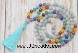 GMN6339 Knotted 7 Chakra 8mm, 10mm amazonite 108 beads mala necklace with tassel