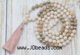 GMN6345 Knotted 8mm, 10mm white fossil jasper & picture jasper 108 beads mala necklace with tassel