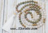 GMN6349 Knotted 8mm, 10mm unakite, white jade & hematite 108 beads mala necklace with tassel