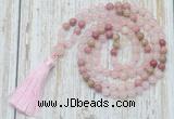 GMN6351 Knotted 8mm, 10mm rose quartz & pink wooden jasper 108 beads mala necklace with tassel