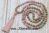 GMN6361 Knotted 8mm, 10mm unakite & pink wooden jasper 108 beads mala necklace with tassel