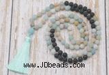 GMN6363 Knotted 8mm, 10mm matte amazonite & black lava 108 beads mala necklace with tassel