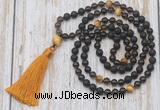 GMN6369 Knotted 8mm, 10mm black lava, smoky quartz & golden tiger eye 108 beads mala necklace with tassel