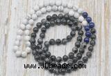 GMN6410 Hand-knotted 8mm, 10mm matte white howlite & black labradorite 108 beads mala necklaces