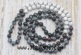 GMN6459 Knotted 8mm, 10mm snowflake obsidian, garnet & matte white howlite 108 beads mala necklaces