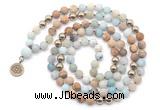 GMN6490 Knotted 8mm, 10mm matte amazonite & picture jasper 108 beads mala necklace with charm