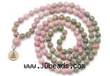 GMN6507 Knotted 8mm, 10mm unakite & pink wooden jasper 108 beads mala necklace with charm