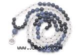 GMN6512 Knotted 8mm, 10mm matte sodalite, white crystal  & black agate 108 beads mala necklace with charm