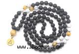 GMN6515 Knotted 8mm, 10mm black lava, matte white howlite & golden tiger eye 108 beads mala necklace with charm