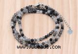 GMN7267 4mm faceted round black rutilated quartz beaded necklace jewelry