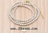 GMN7524 4mm faceted round tiny white fossil jasper beaded necklace with letter charm