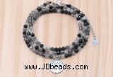 GMN7567 4mm faceted round black rutilated quartz beaded necklace with letter charm