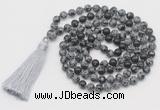 GMN794 Hand-knotted 8mm, 10mm snowflake obsidian 108 beads mala necklace with tassel