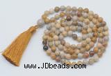 GMN796 Hand-knotted 8mm, 10mm fossil coral 108 beads mala necklace with tassel